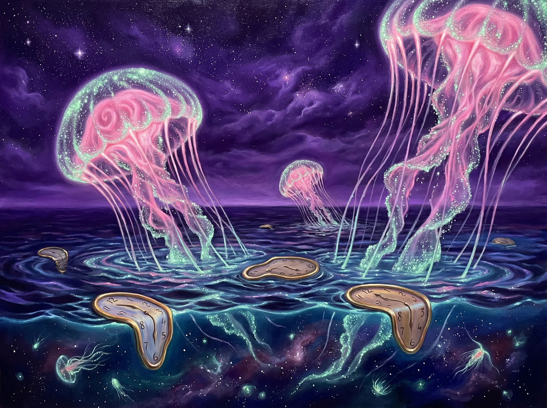 超现实梦境画作 - 深海水母与融化时钟，关联 排列四 幸运号码