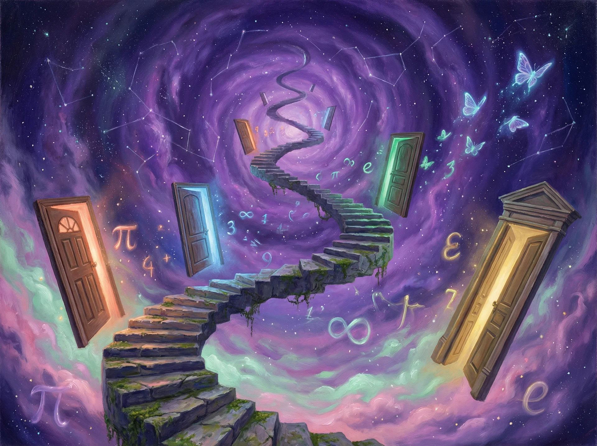 超现实梦境画作 - 无限阶梯与浮动之门，关联 排列四 幸运号码