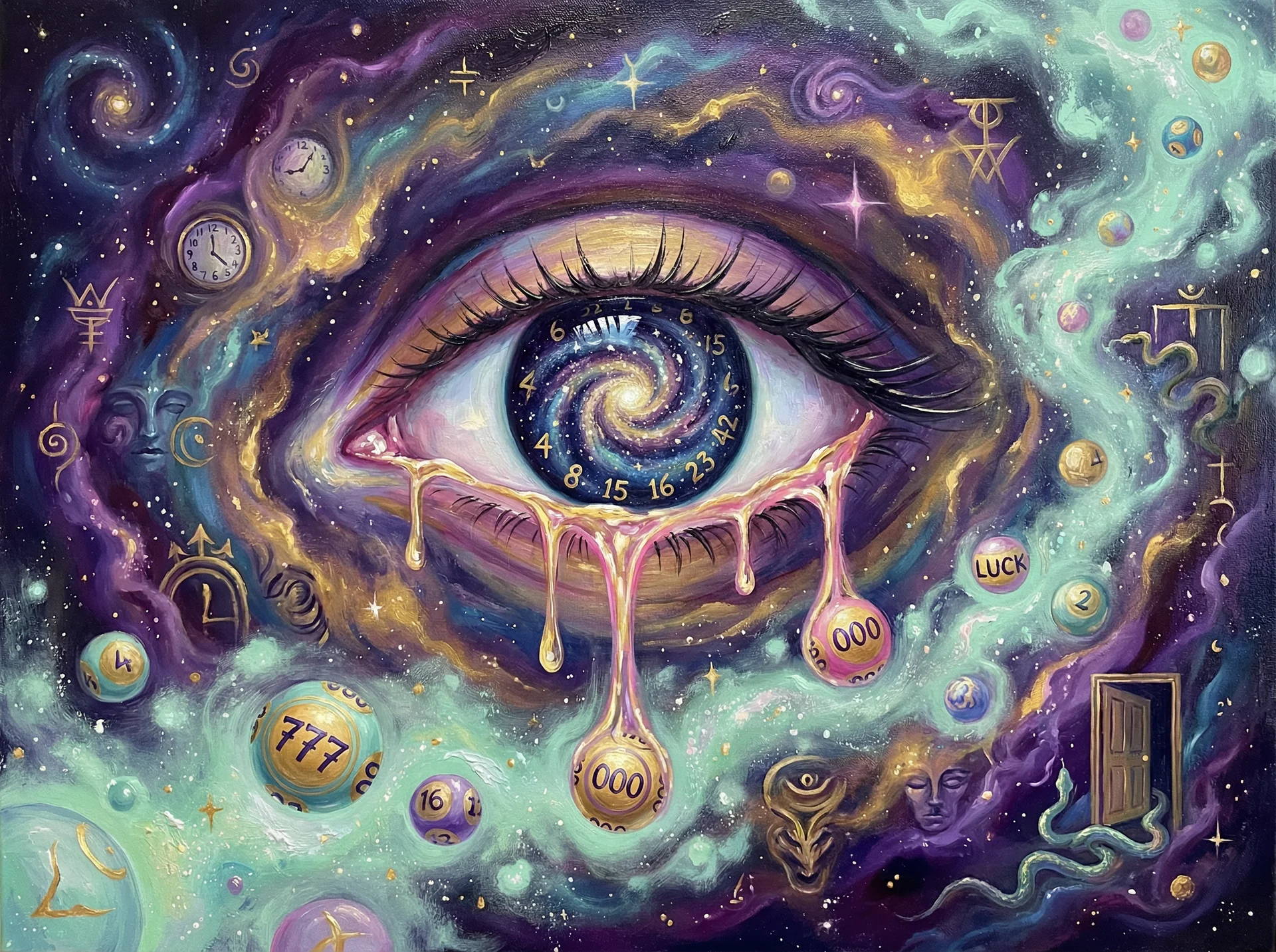 超现实梦境画作 - 宇宙之眼与银河虹膜，关联 排列四 幸运号码
