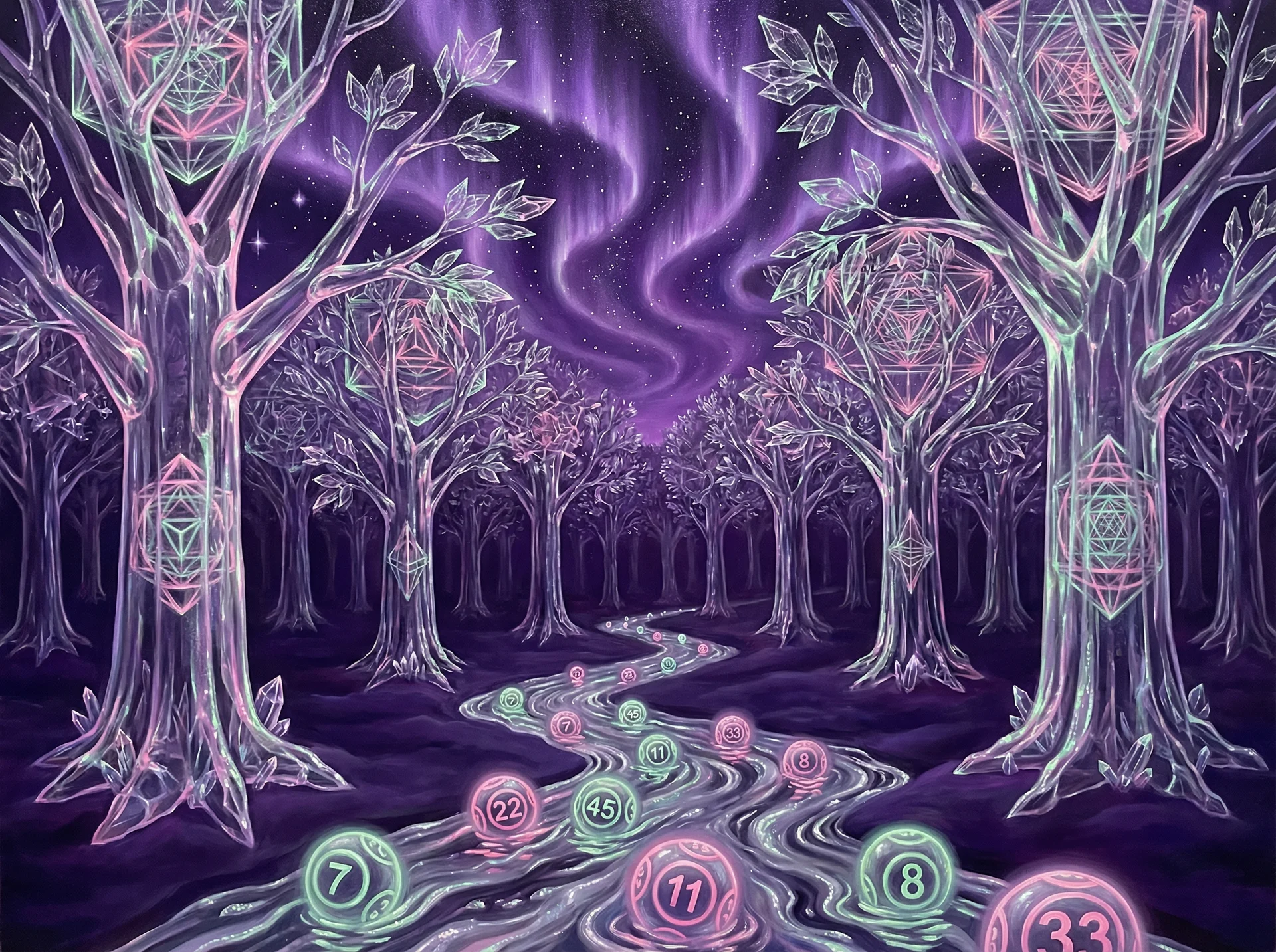 超现实梦境画作 - 水晶森林与银河之河，关联 排列四 幸运号码