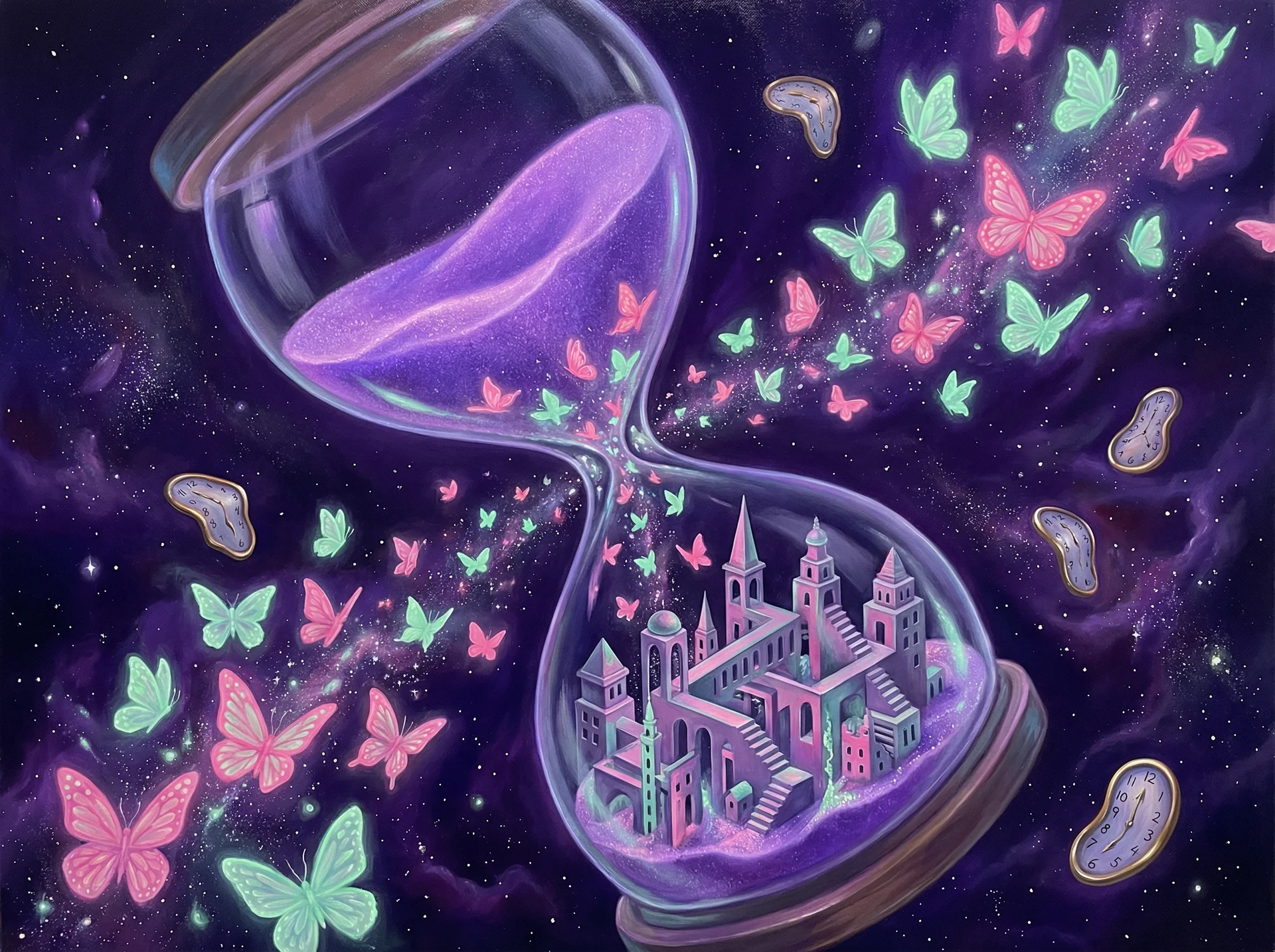 超现实梦境画作 - 时间沙漏与蝴蝶变幻，关联 排列四 幸运号码