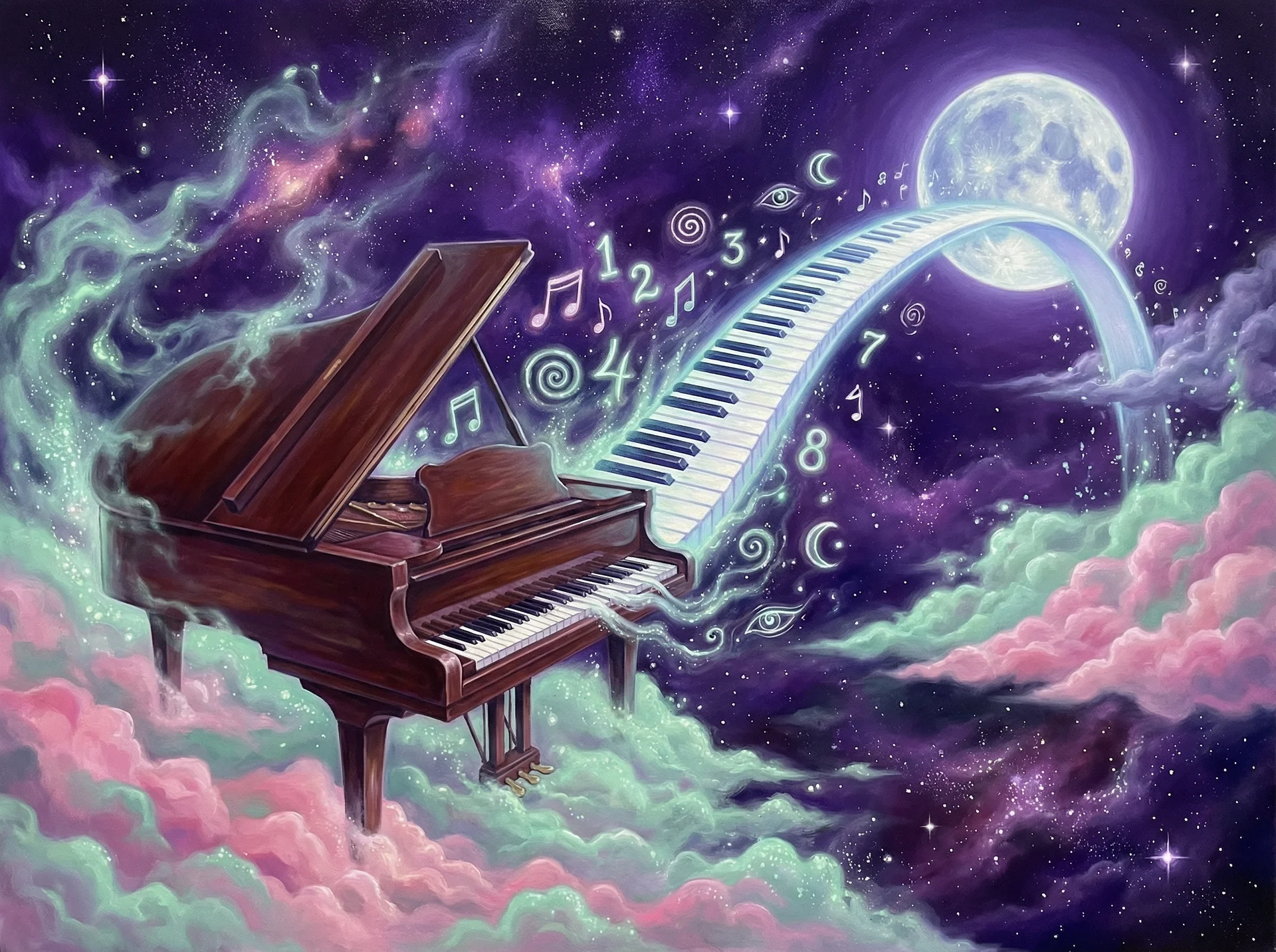 超现实梦境画作 - 宇宙钢琴与月光之桥，关联 排列四 幸运号码